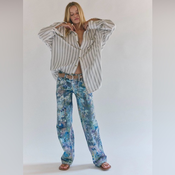 Free People We The Free Tennessee Low-Rise Illusions Jeans Floral Canvas NEW - Picture 3 of 9